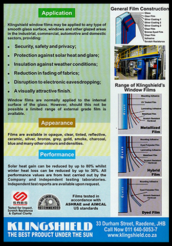 Klingshield window film specification chart